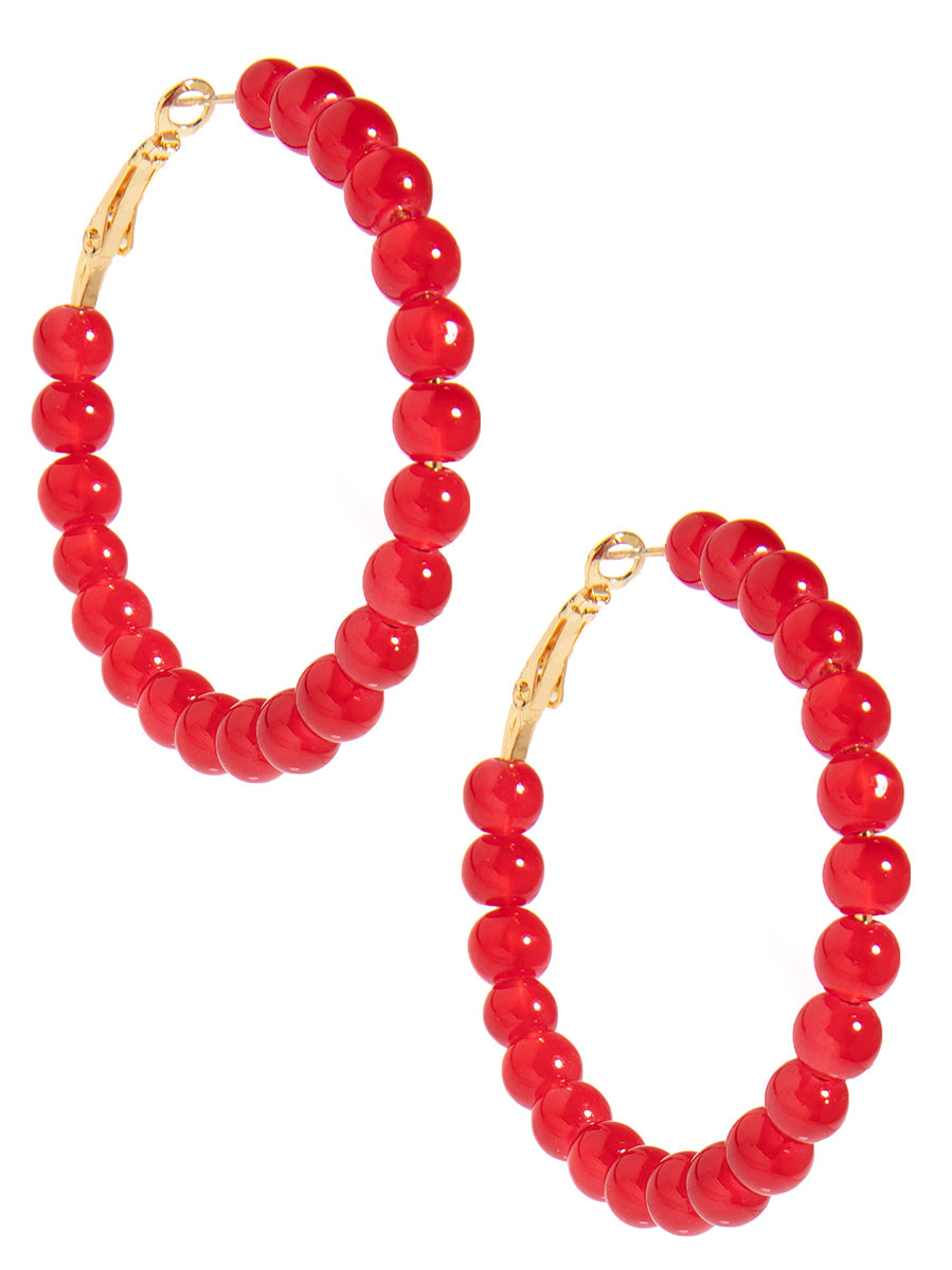 Red Beaded Glass Hoop Earring