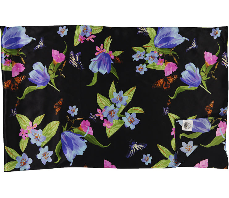 Long Black Floral Silk Scarf